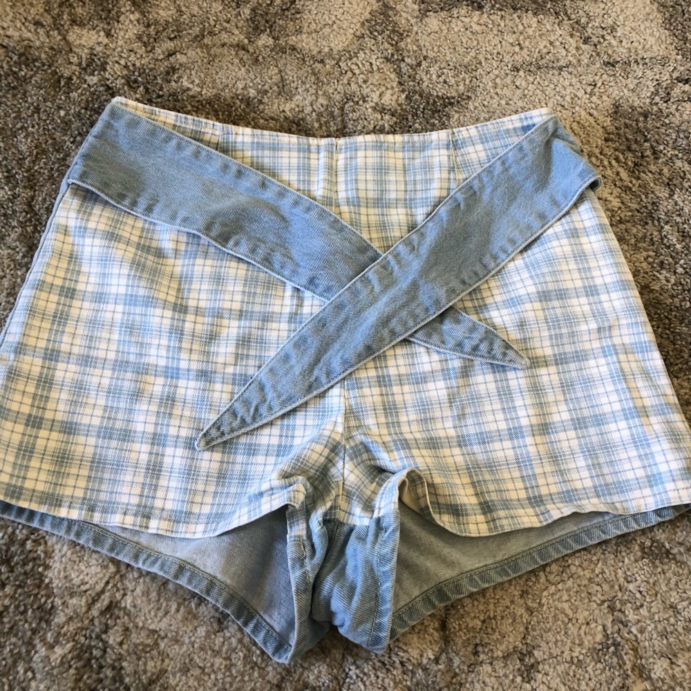 Urban Outfitters plaid baby blue denim shorts